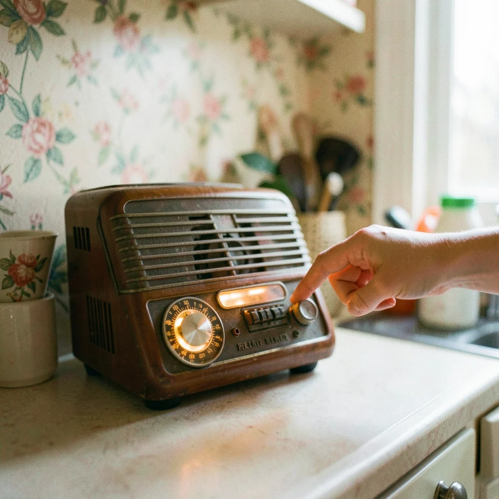 Bakelite radio on a kitchen counter, dial glowing amber, someone's hand reaching