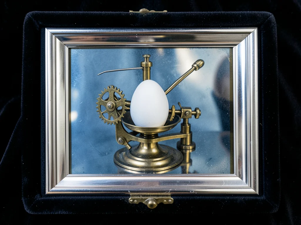 A mechanical egg-decorating device — brass gears, a rotating cradle holding a wh
