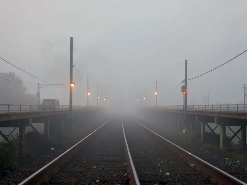 Dim bridge over rail yards, signal lights as warm muted dots, all the tracks bey