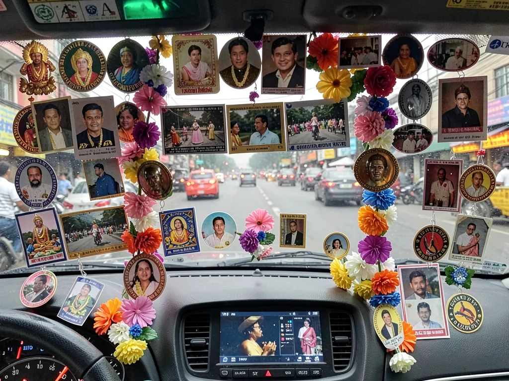 A taxi dashboard in Mumbai covered in religious icons, photos, stickers, plastic