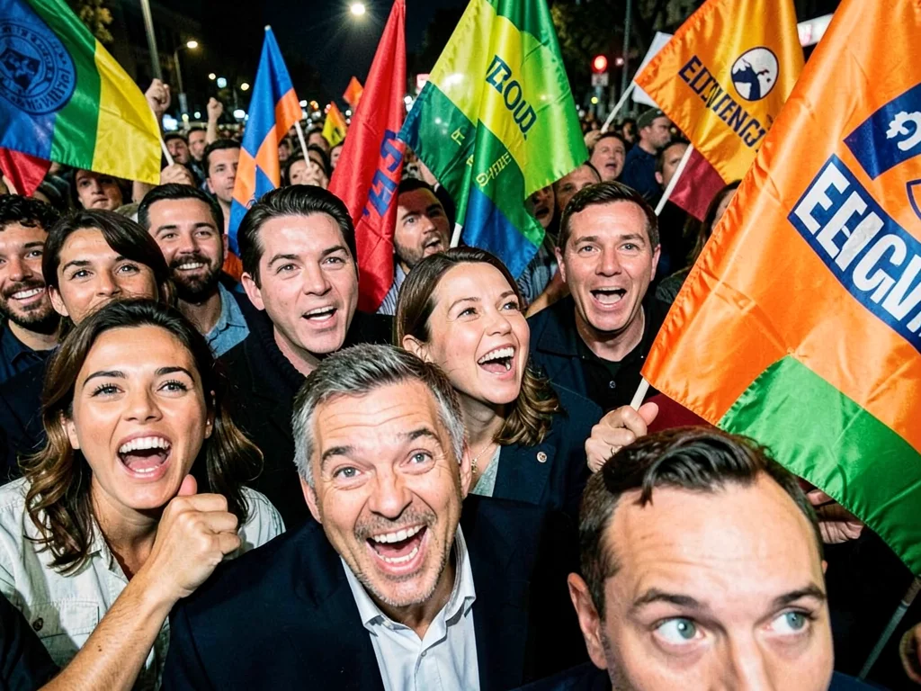 Election night crowd in tight crop, jubilant faces pressing forward, colors of c