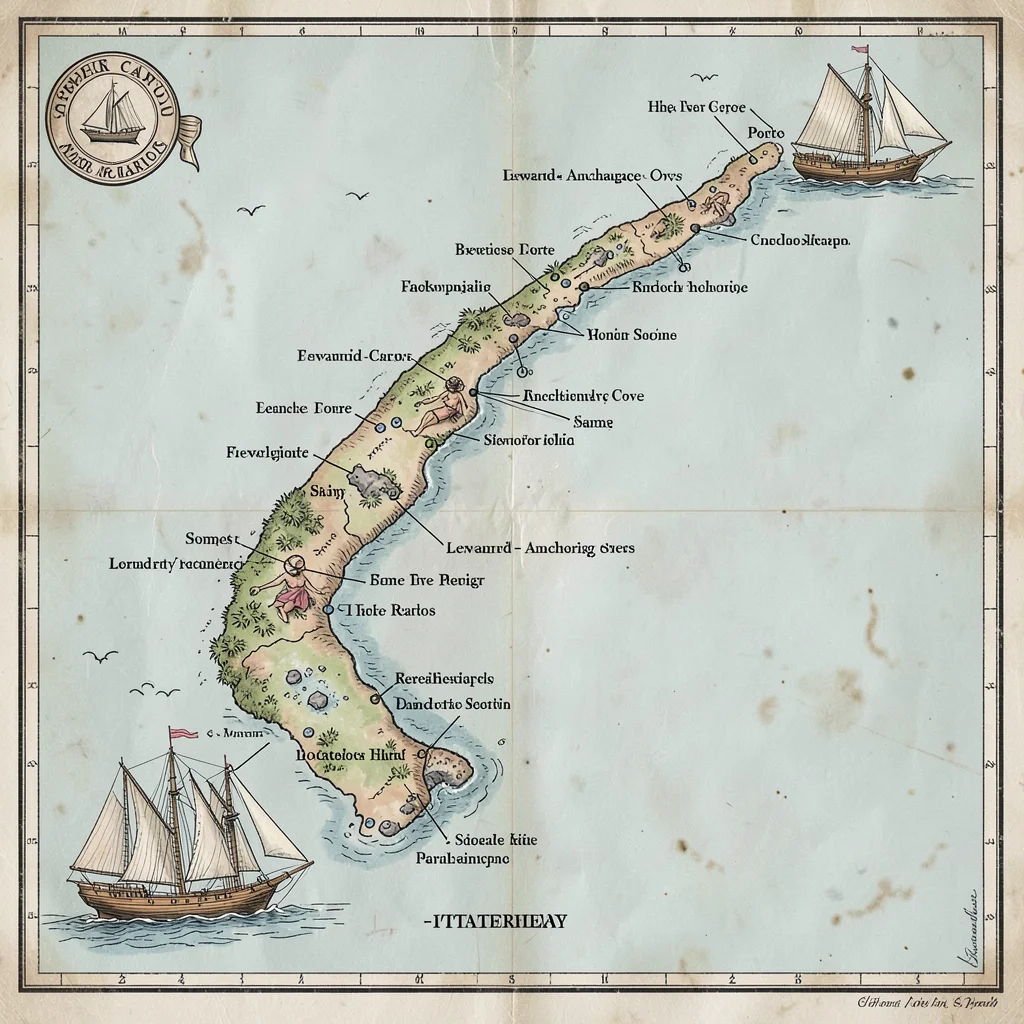A nautical schooner sailing-itinerary chart of a Caribbean island chain with por