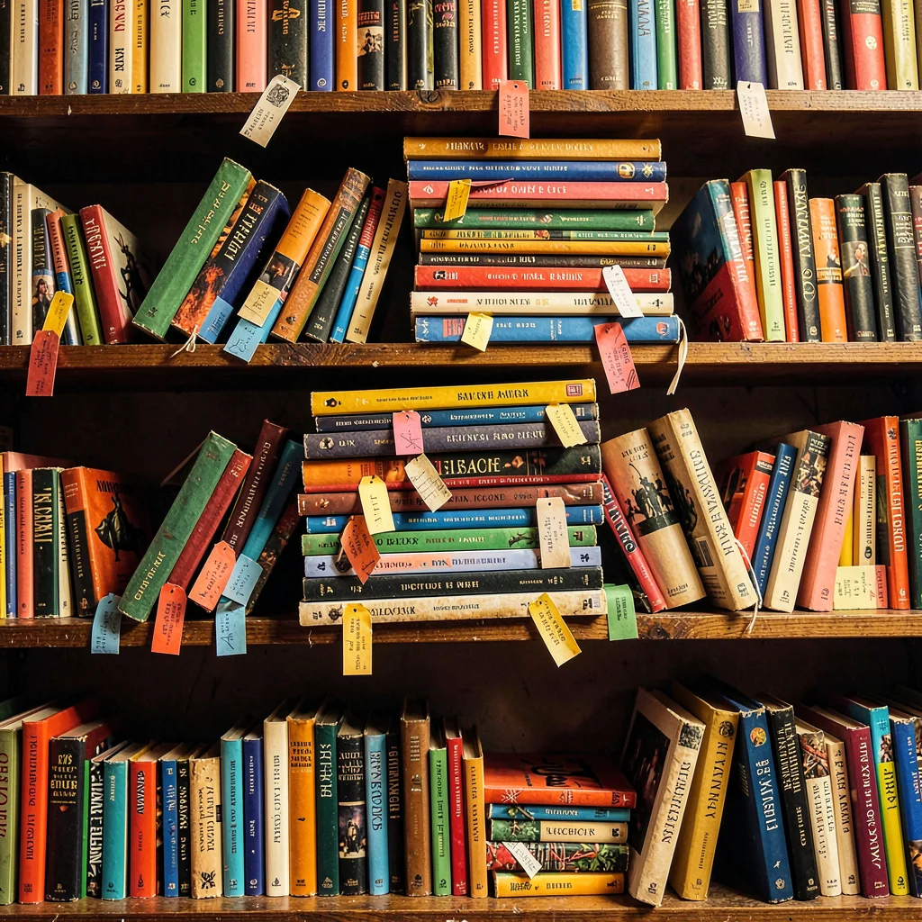 Densely layered composition, rich saturated colors, Crowded bookshelf with paper