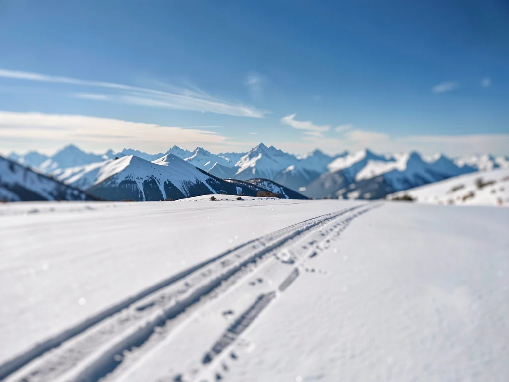Snow field from tracks to distant peaks