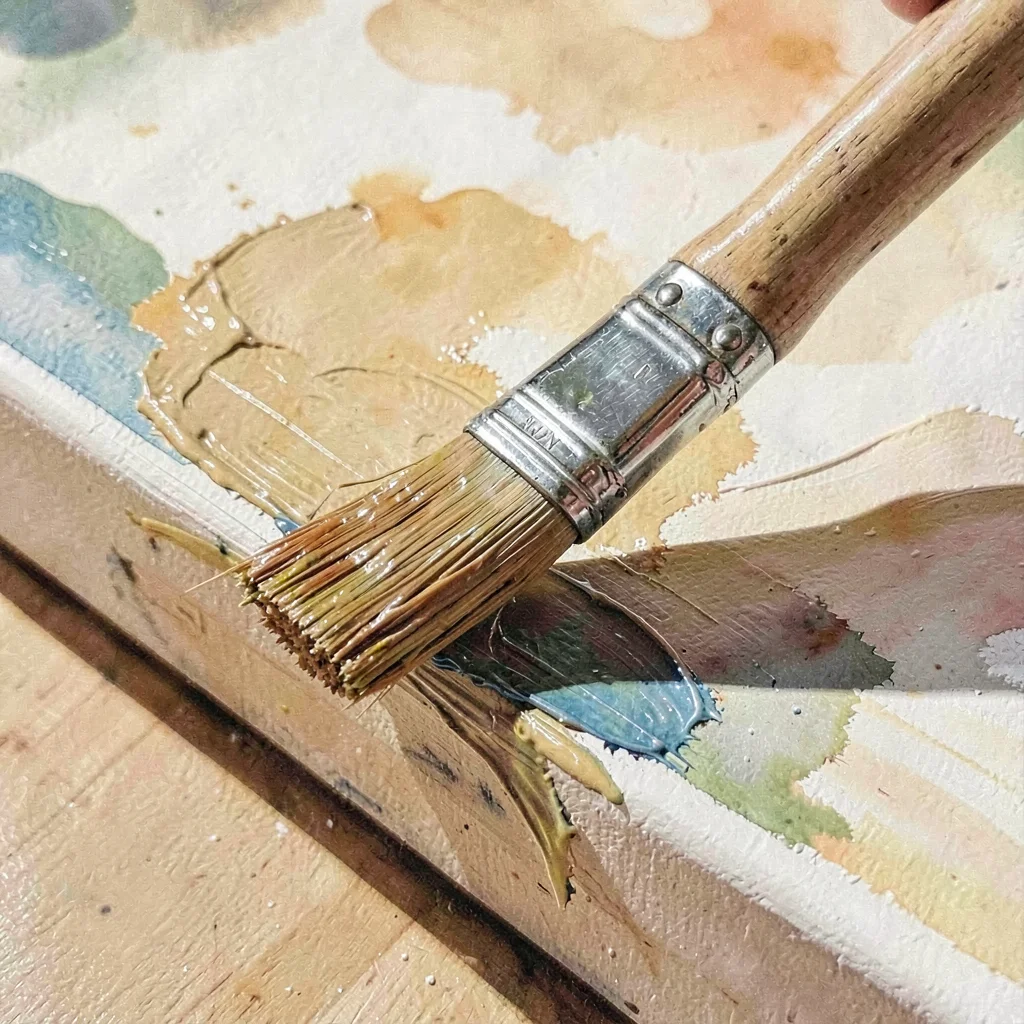 Warm gouache study of a brush loaded with thick impasto oil moving across a canv