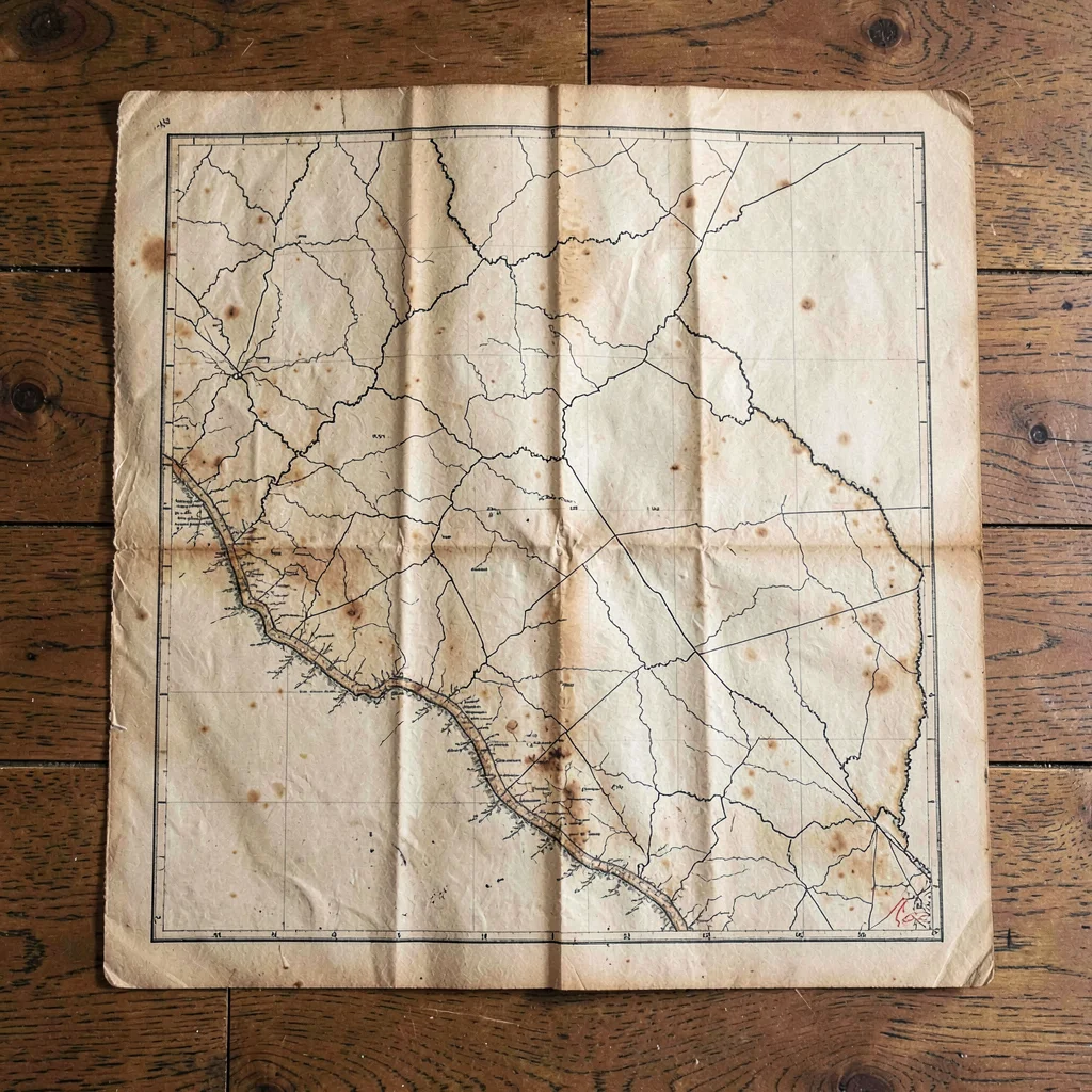 Top-down still life of a quartered map sheet with deep fold lines, foxing along 