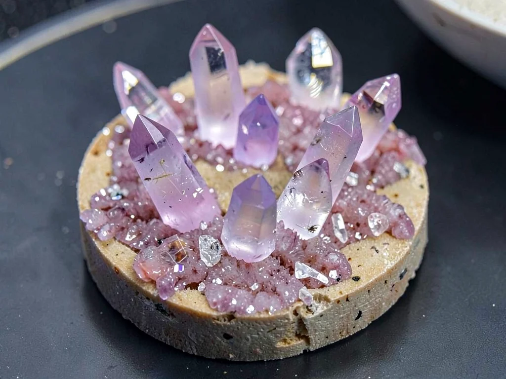 Amethyst crystal points growing from matrix