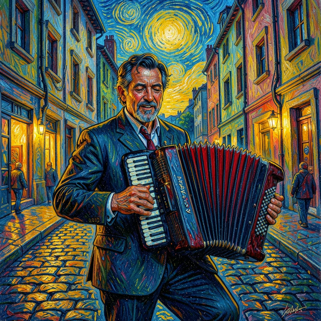 Post-impressionist Provençal intensity, emotional saturated color, A street musi