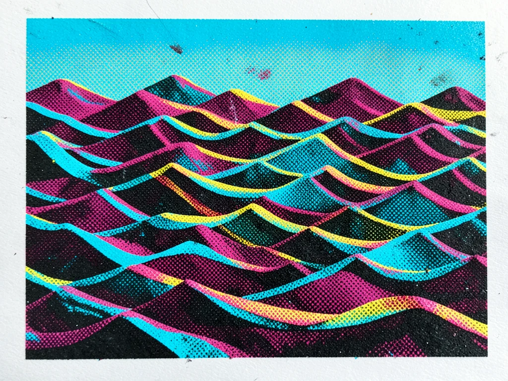 CMYK halftone of ocean waves, dot pattern large enough to count, each color laye