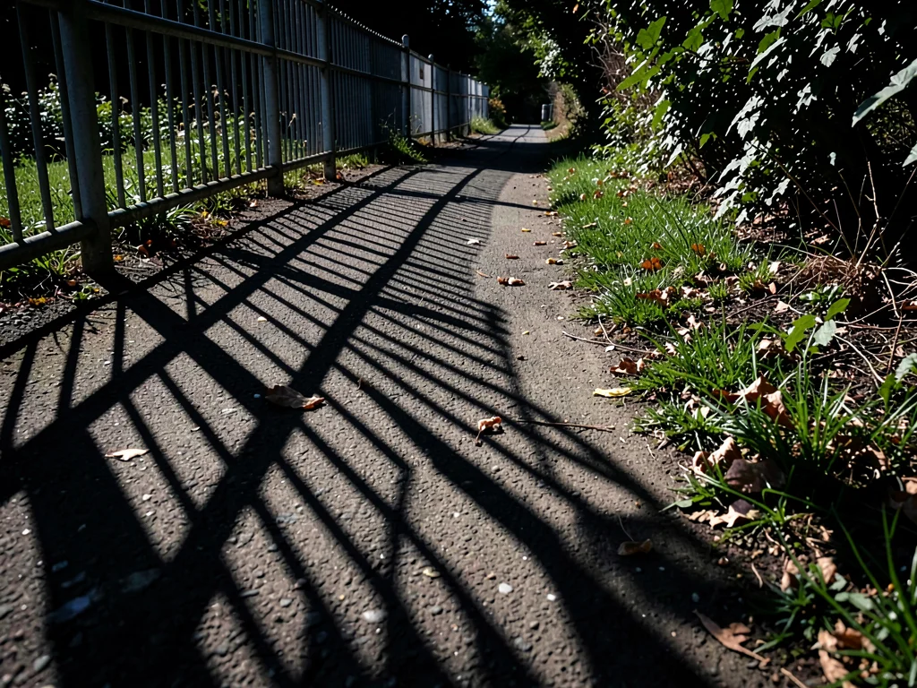 Shadow of fence on path