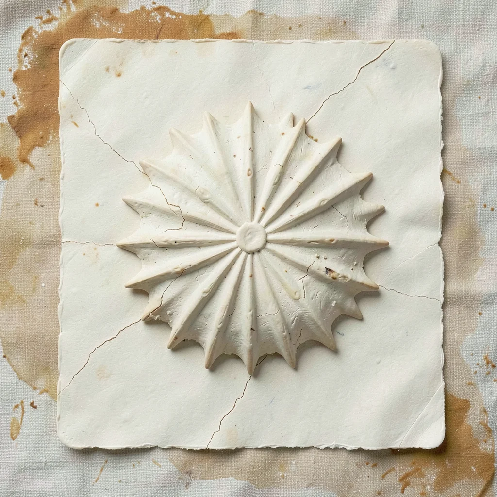 Sea urchin shell pressed completely flat with radial spines arranged like a cloc