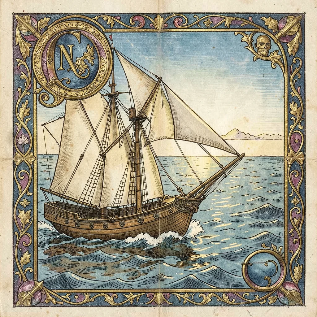 A ship sailing toward a distant shore