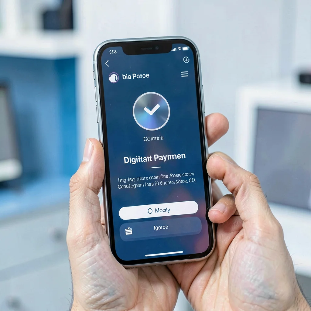 Editorial photograph, Digital payment confirmation on phone screen, hand holding