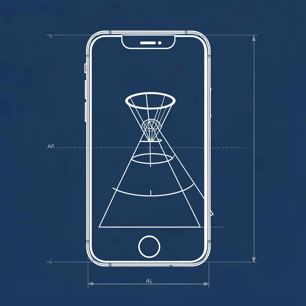 Schematic blueprint of a phone with AR detection cone projecting forward, white 