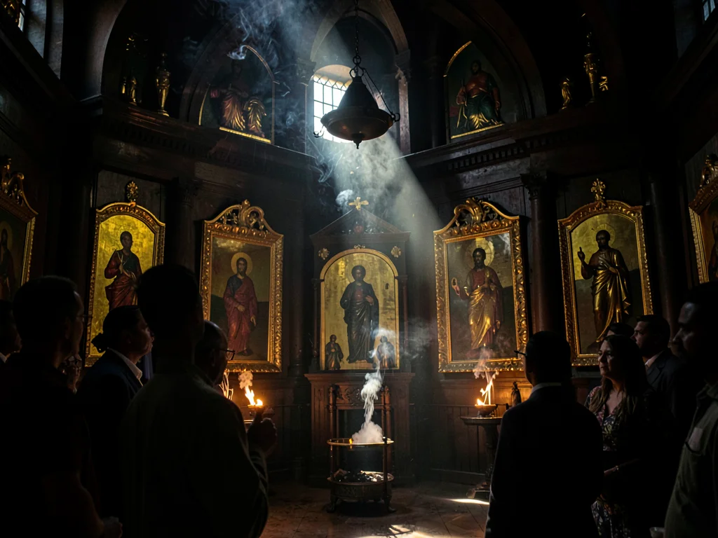 Dramatic light through darkness in Addis Ababa, Ethiopia, Incense smoke rising t