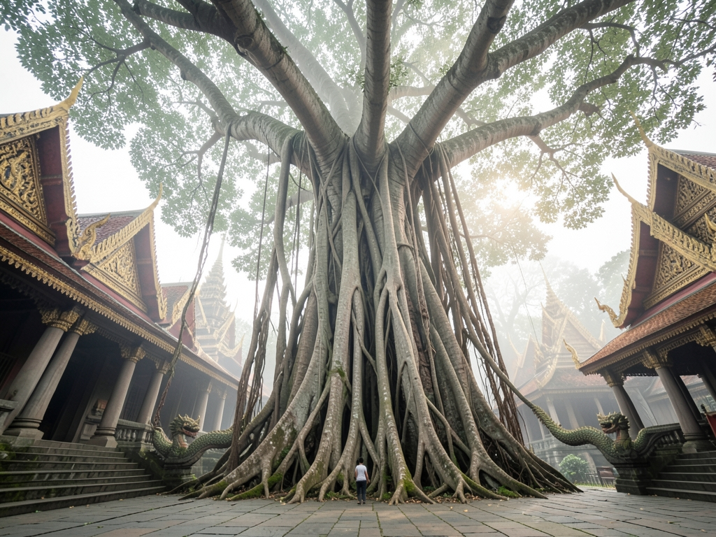 Ancient sacred tree photograph, monumental trunk, filtered canopy light,. A Thai temple courtyard anchored by an ancient