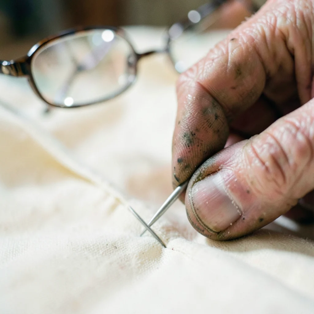 Needle entering fabric in perfect focus, elderly hands soft impressionist smudge