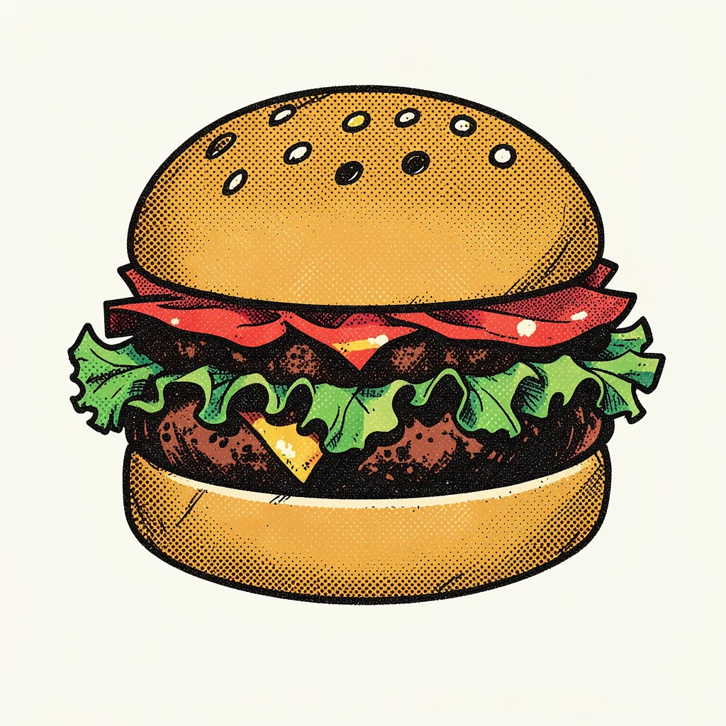 Halftone dot illustration, hamburger in pop art style , Ben-Day dots, pop art ae