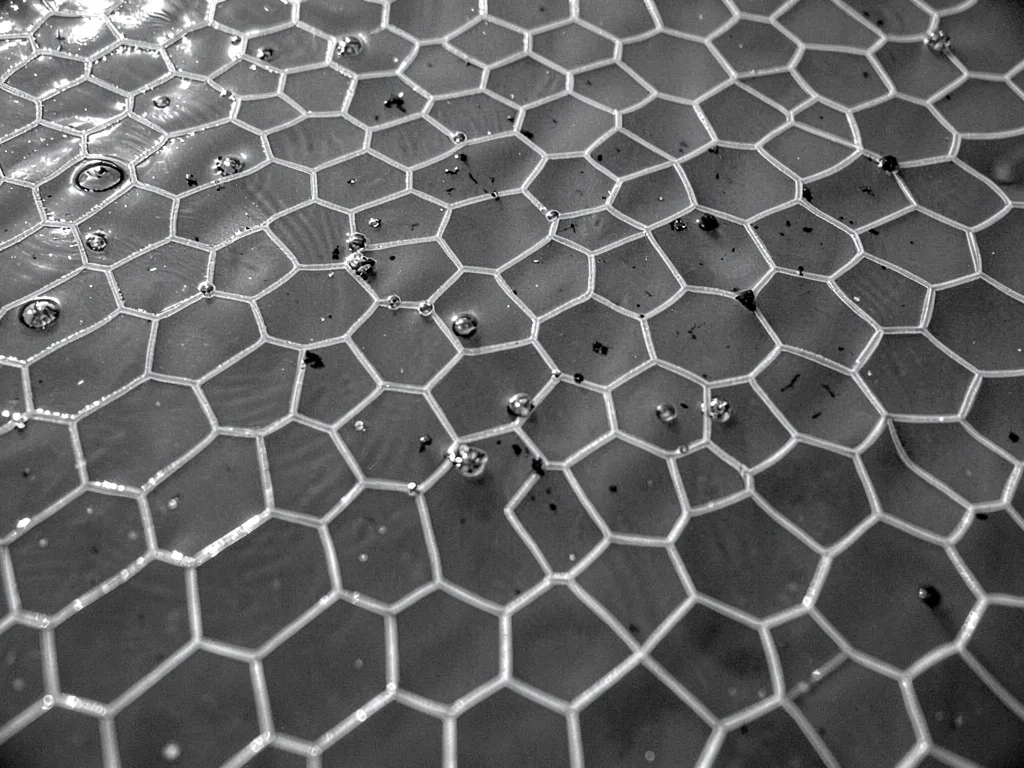 Water surface forming hexagonal cells at specific frequency