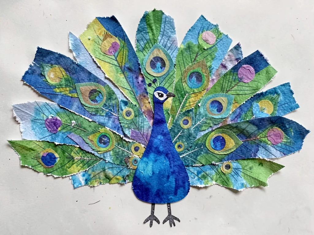 Paper collage peacock fan tail