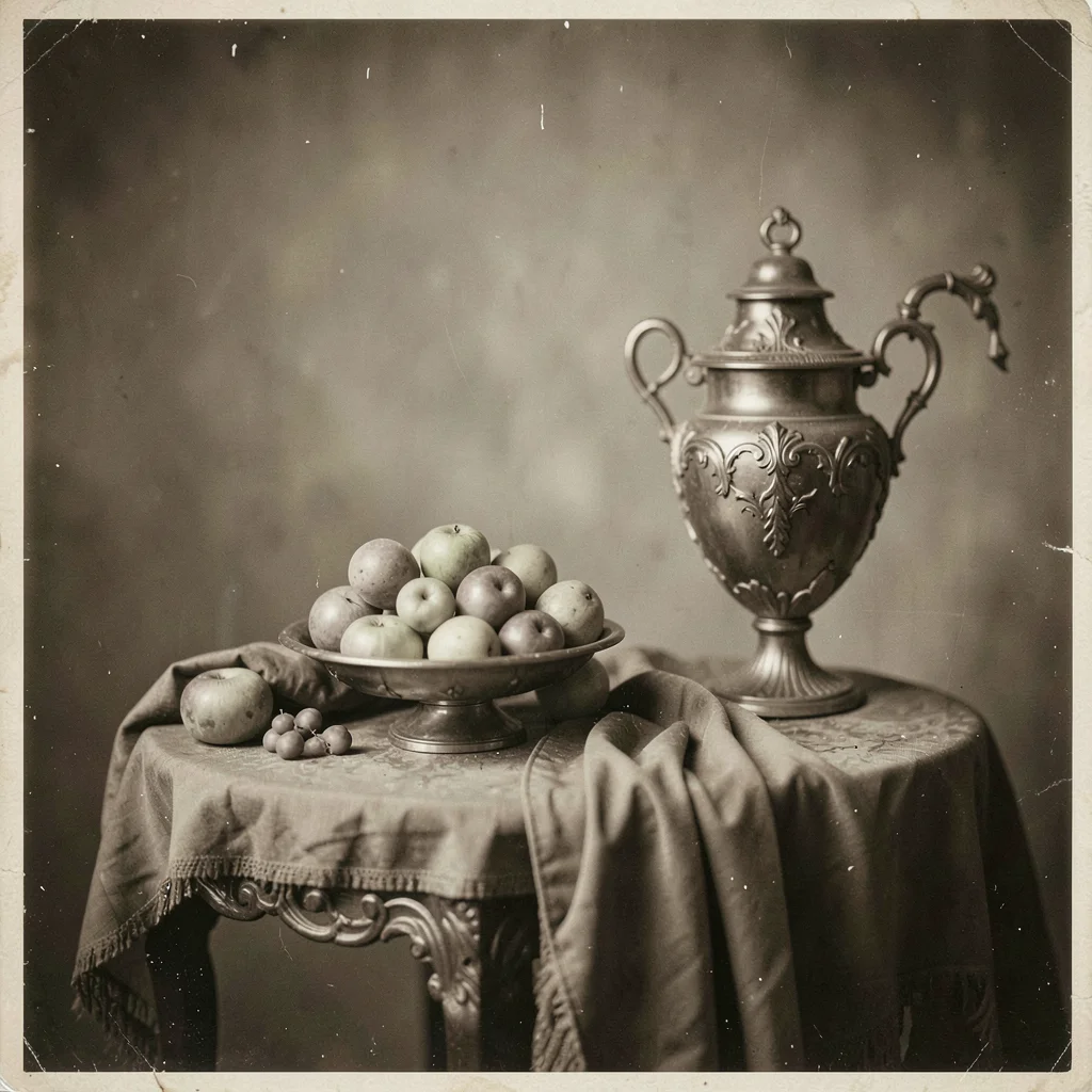 A Victorian-era still life — fruit bowl, drapery, ornate vase on a table