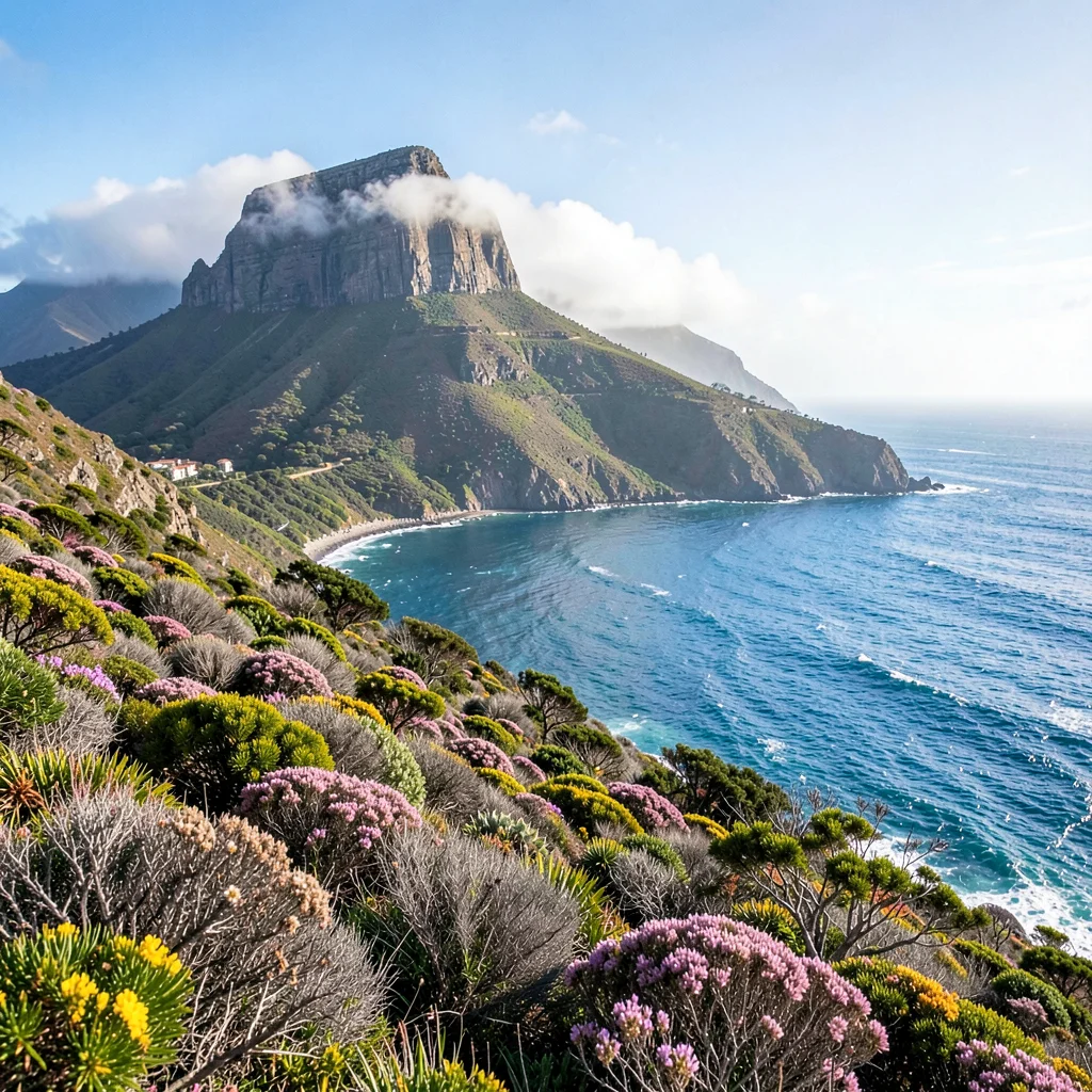 Cape Town mountain-sea duality, Table Mountain backdrop, fynbos wildflowers carp