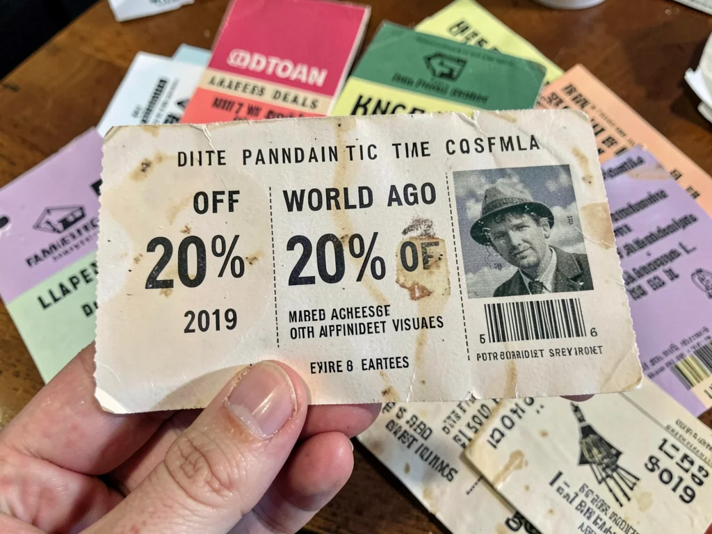 Hand holding coupon dated 2019, the pandemic time capsule, 20% off a world ago