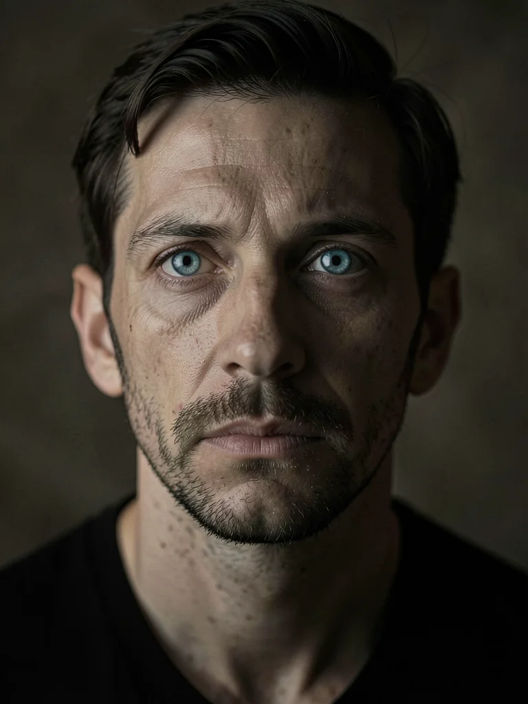 Posthumous portrait aesthetic - living subject posed with absolute stillness for
