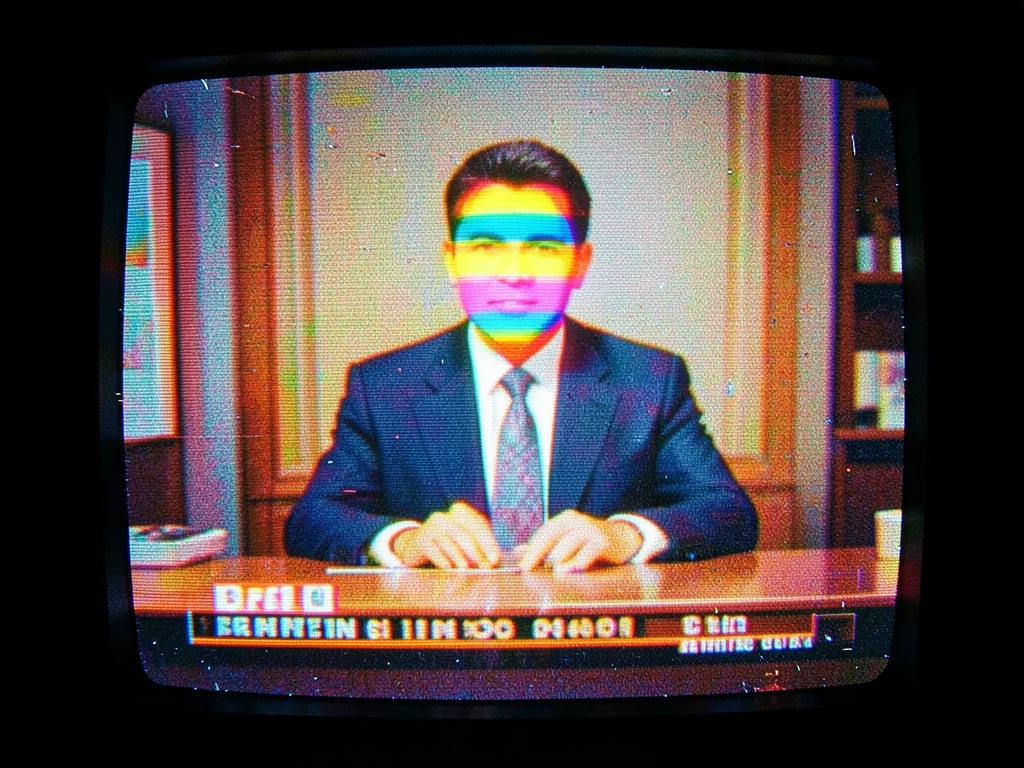 A news anchor behind a desk, their face replaced by rainbow banding