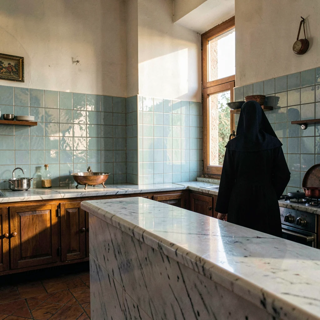 inside a Spanish convent kitchen at clear afternoon, glazed tile walls cool, a s
