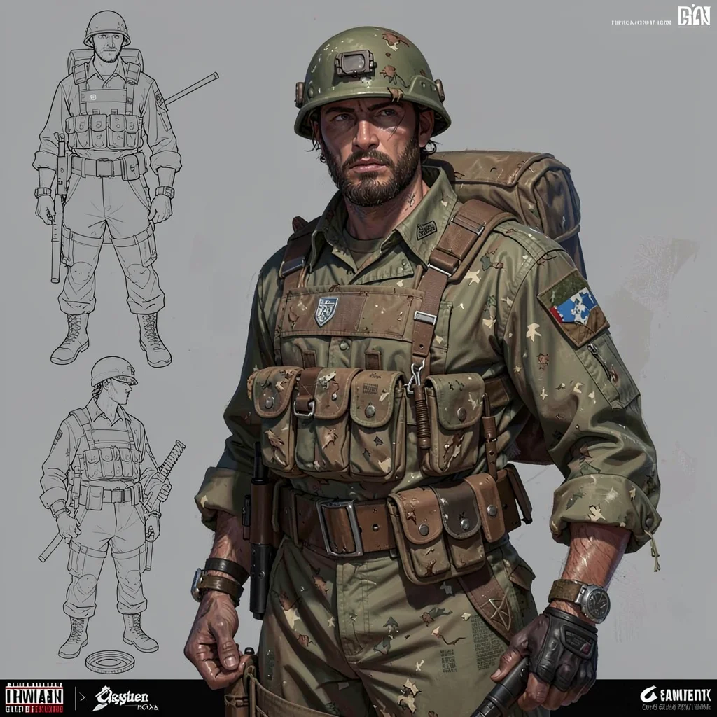 Video game concept art illustration, a veteran soldier with weathered gear and t