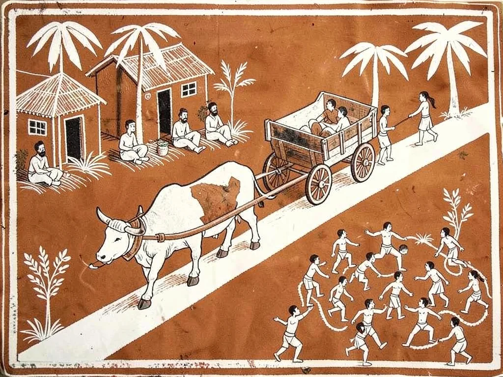Ox-cart procession moving along path — two oxen pulling, figures seated and walk