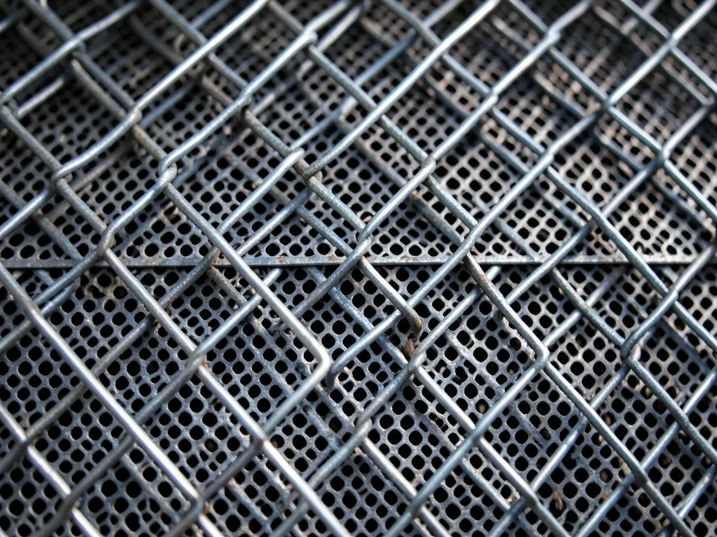 Two layers of chain link overlapping at different angles, moiré interference pat