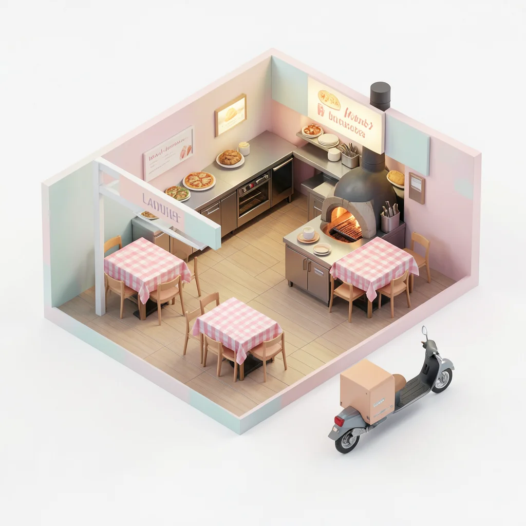 A pizza restaurant: open kitchen with wood-fired oven, dining area with checkere