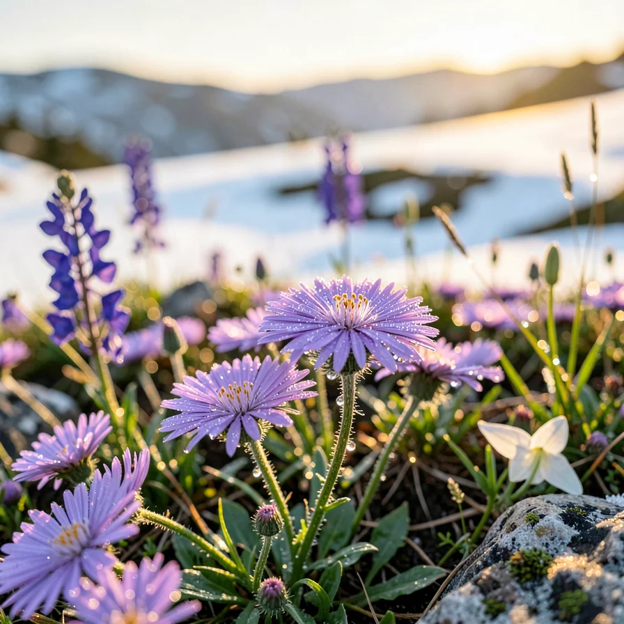 Dew-covered alpine aster at dawn