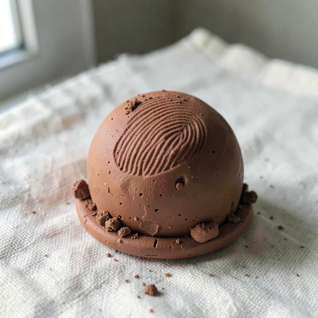 Edible terracotta truffle with thumb-pressed cocoa dust and fingernail dents aro