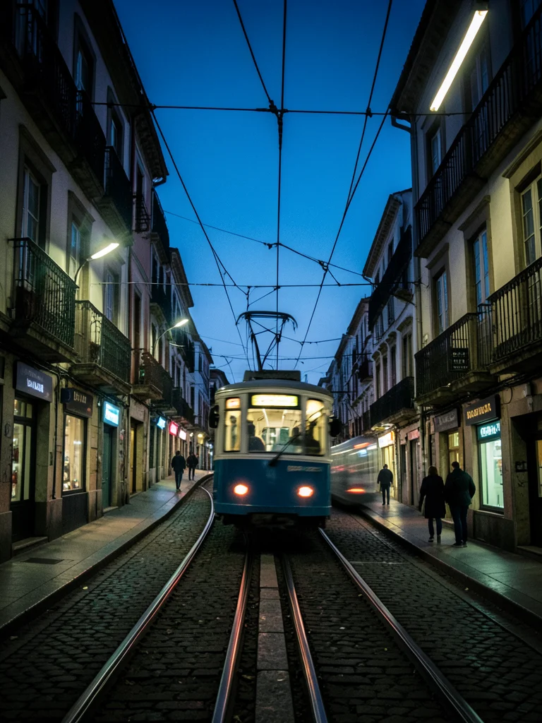 A tram in Lisbon climbing a steep hill, the narrow street, the overhead wires cr