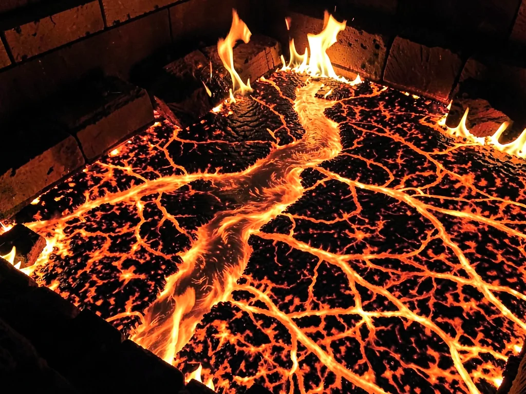 Ember bed showing river-like flow patterns