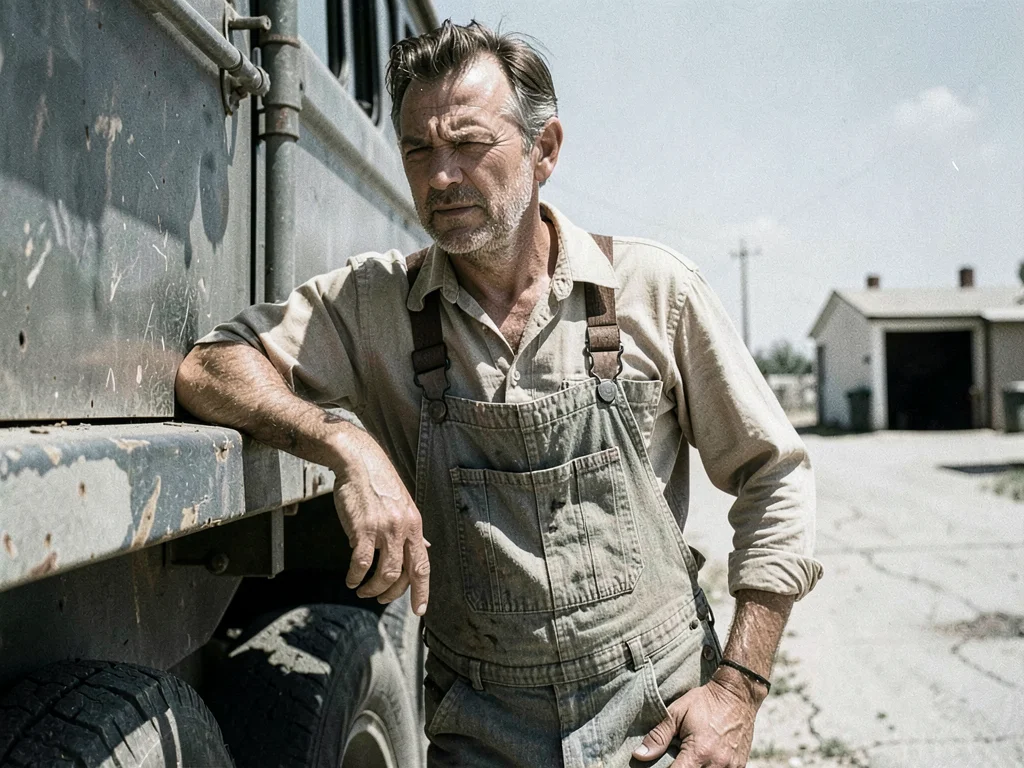 Man in overalls leaning on a truck fender, looking off-frame, squinting in flat 