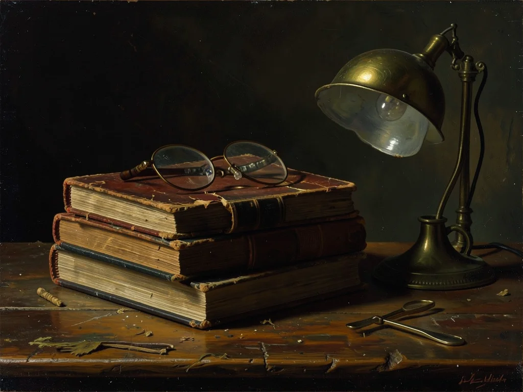 Stack of vintage books with foxed pages, reading glasses, brass lamp, Dutch Gold