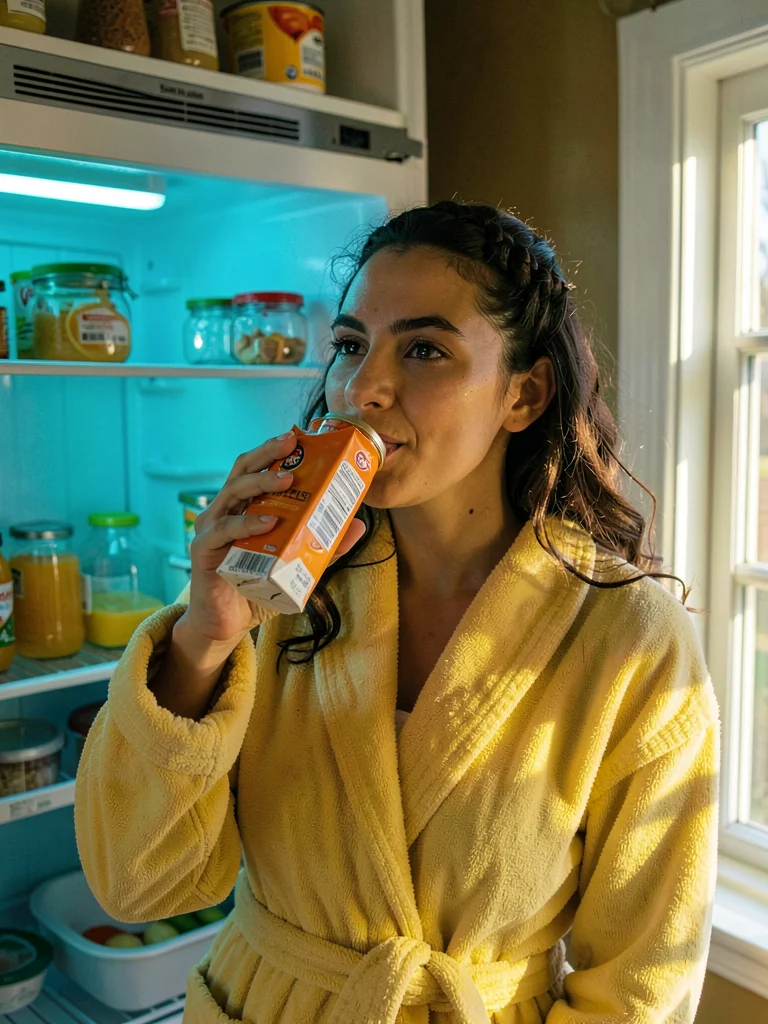 Woman drinking orange juice from carton, refrigerator light casting cyan on the 