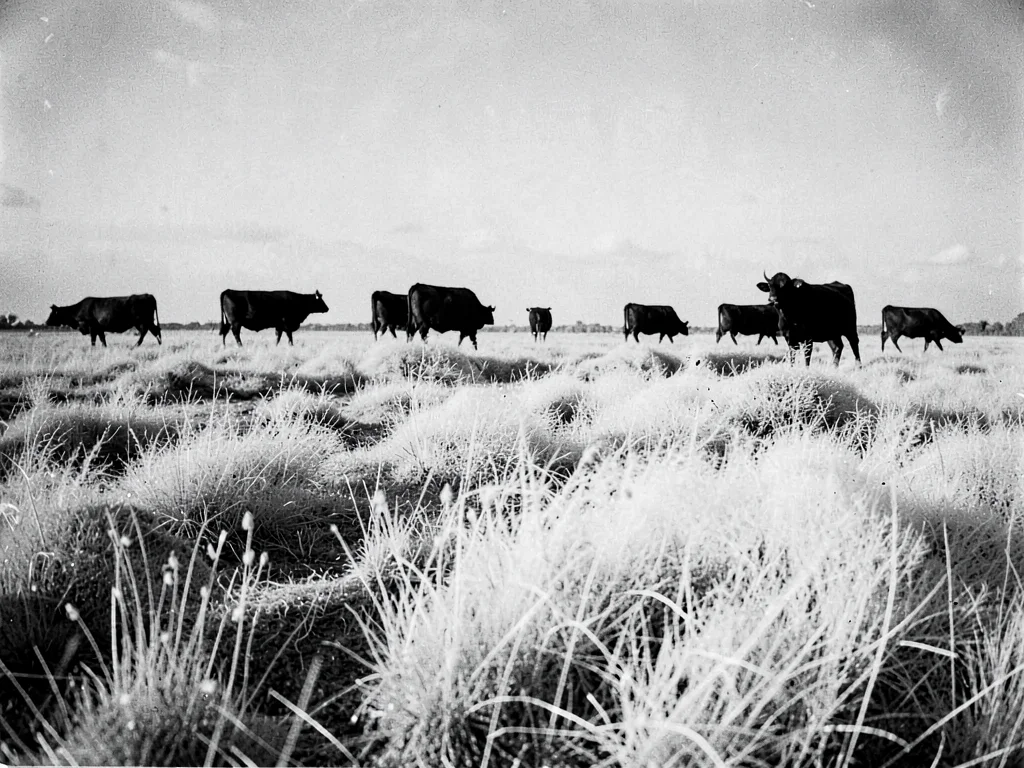 Pasture with white grass dark cattle
