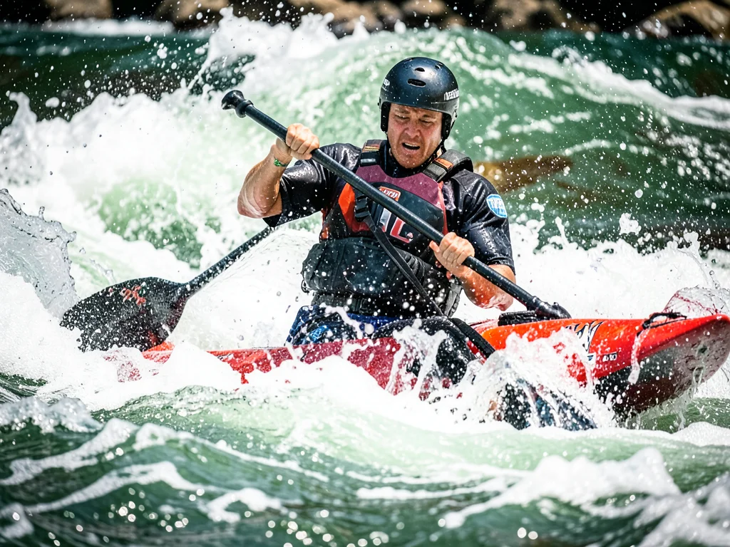 Kayaker navigating white water rapids, paddle mid-stroke, water exploding around