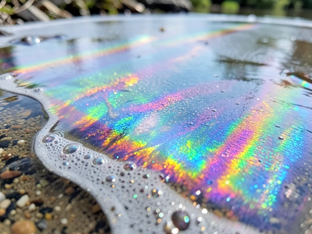 Soap-bubble-thin ice on still pond, interference rainbow visible in the frozen m