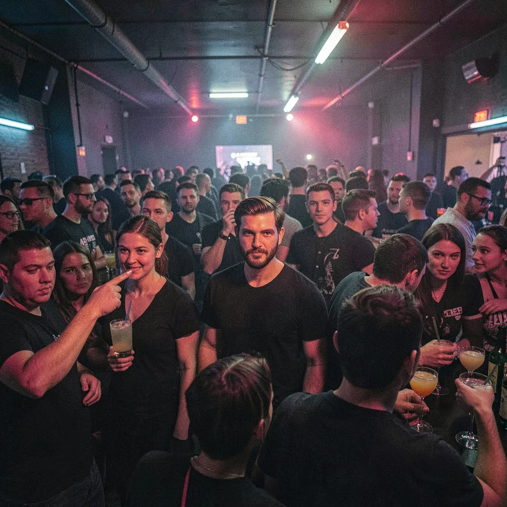 3am-shift wide of a packed club crowd with cocktails on tables, magenta and warm