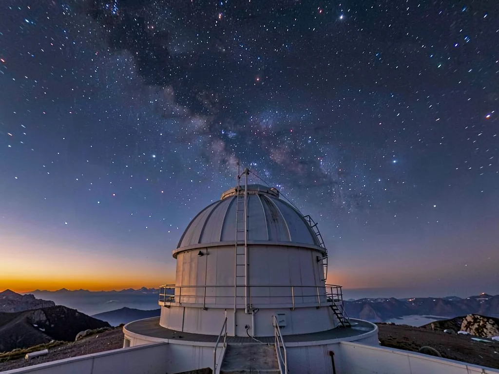Telescope observatory dome against cosmic twilight gradient