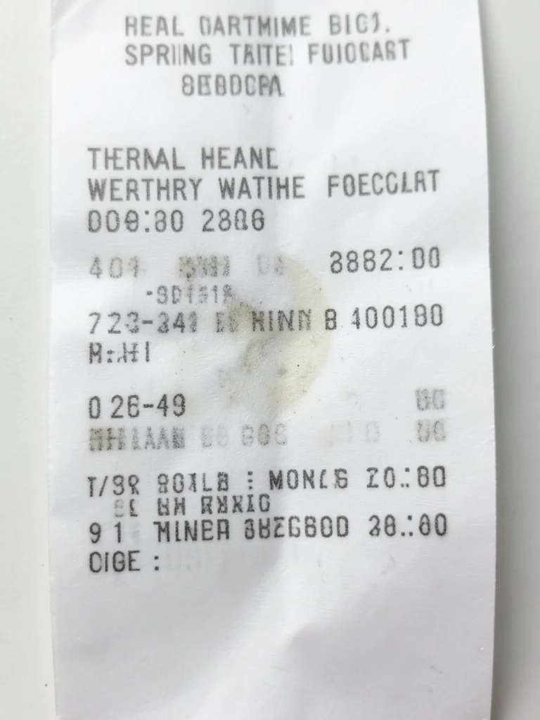 Thermal paper printout of spring weather forecast, fading text, warmth data