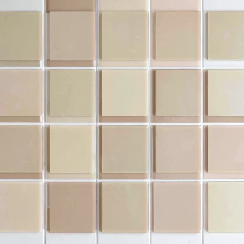 Modular grid of overlapping translucent recipe rectangles in oat tones