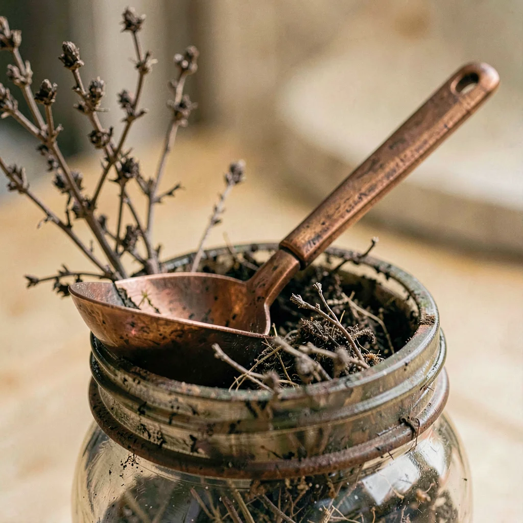 Macro of a copper-handled ladle resting on a jar rim with shrub residue