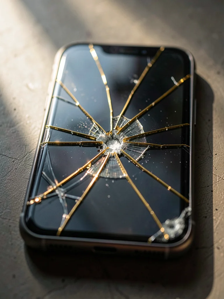 A cracked smartphone screen with gold-filled repair lines catching morning light
